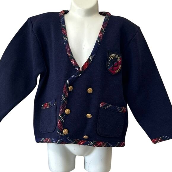 Vtg Pillip Kid Navy Nautical Cardigan School Girl Sz 7 Checkered Trim Sweater - Picture 3 of 8